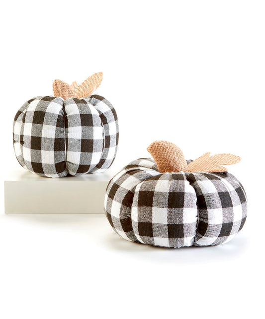 Black & White Plaid Pumpkins With Brown Leaf & Stem