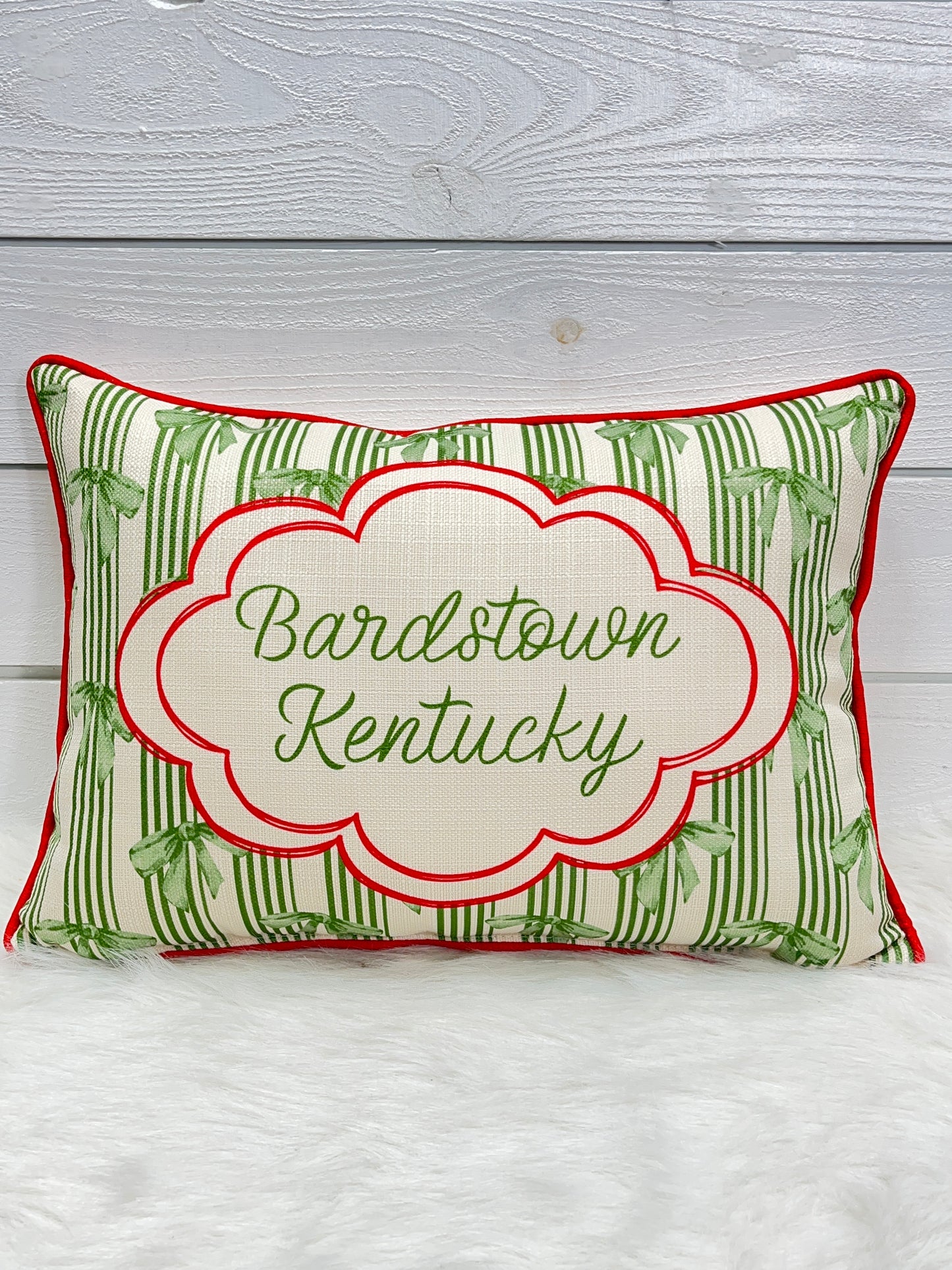 Bardstown, KY Little Birdie Pillow With Green Bows & Red Piping