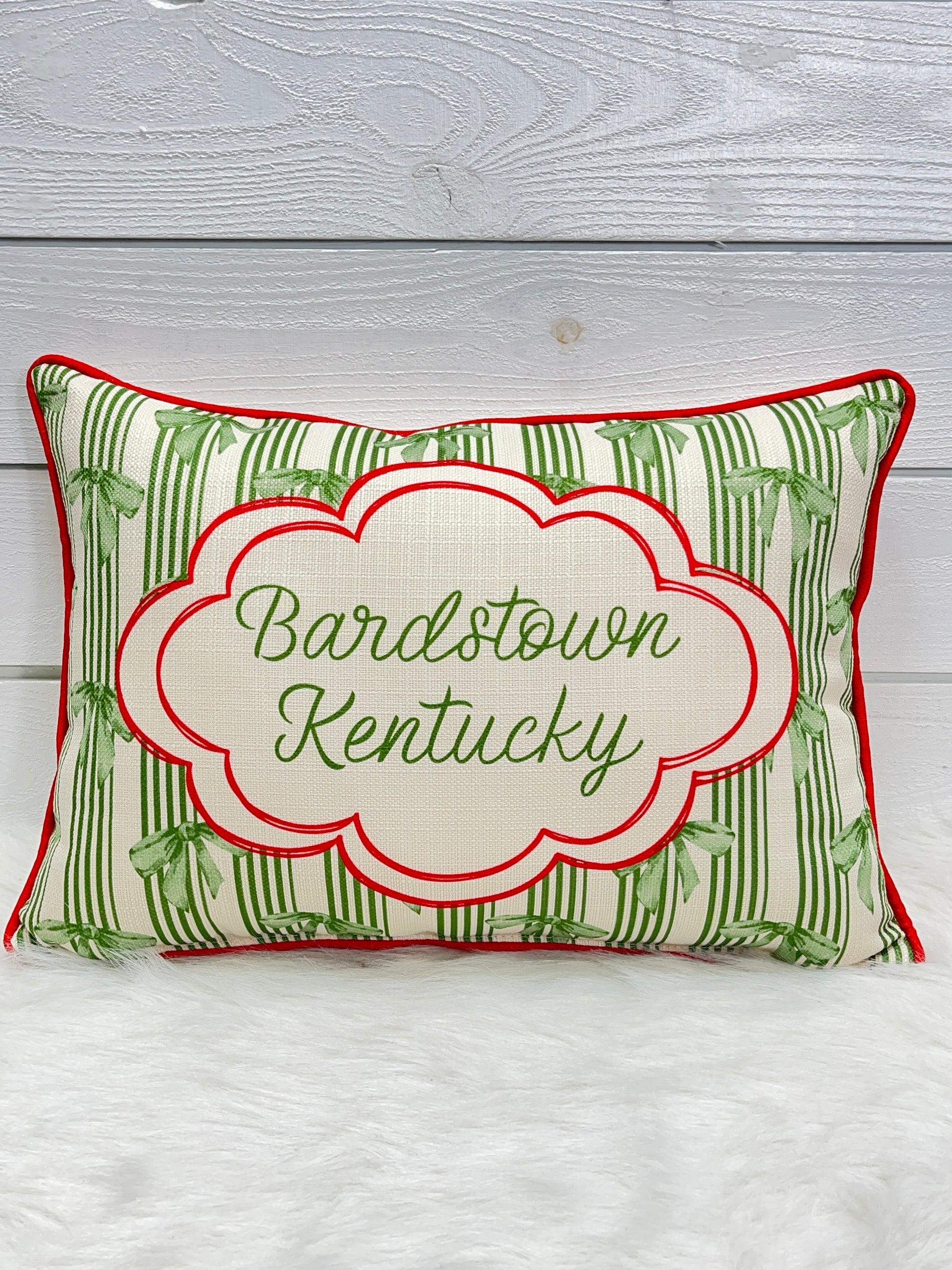 Bardstown, KY Little Birdie Pillow With Green Bows & Red Piping