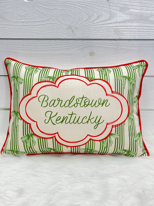 Bardstown, KY Little Birdie Pillow With Green Bows & Red Piping