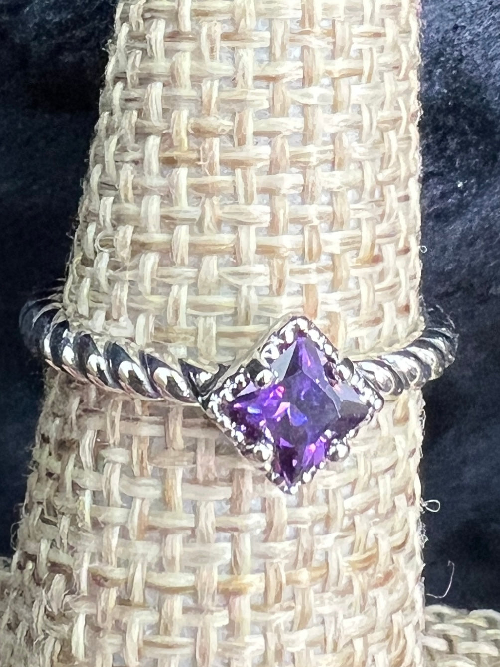 R.S. Covenant Silver Tone Princess Cut Amethyst and Cubic Zirconia Ring Style 6635