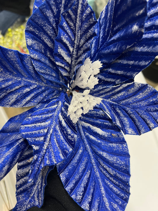 24" Blue Glitter Striped Poinsettia Stem