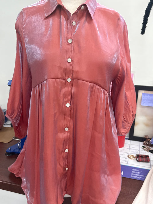 Orange Clay Satin Button Down Tunic Dress