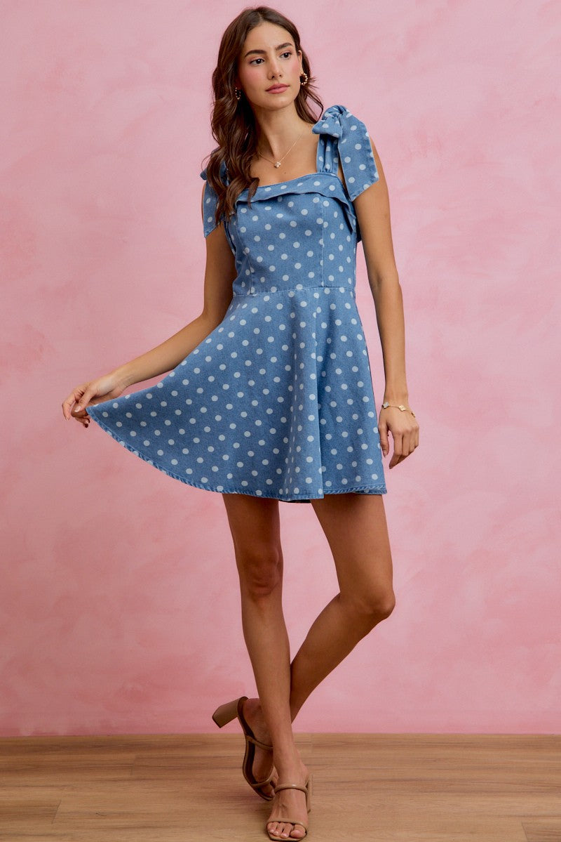 Polka Dot Denim Flare Mini Dress
