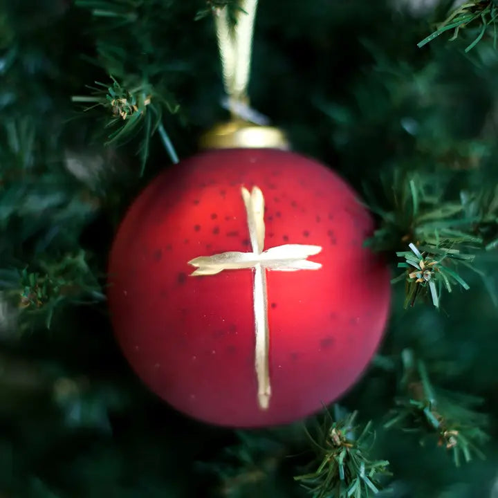 Red Glass Ball Ornament With Gold Cross