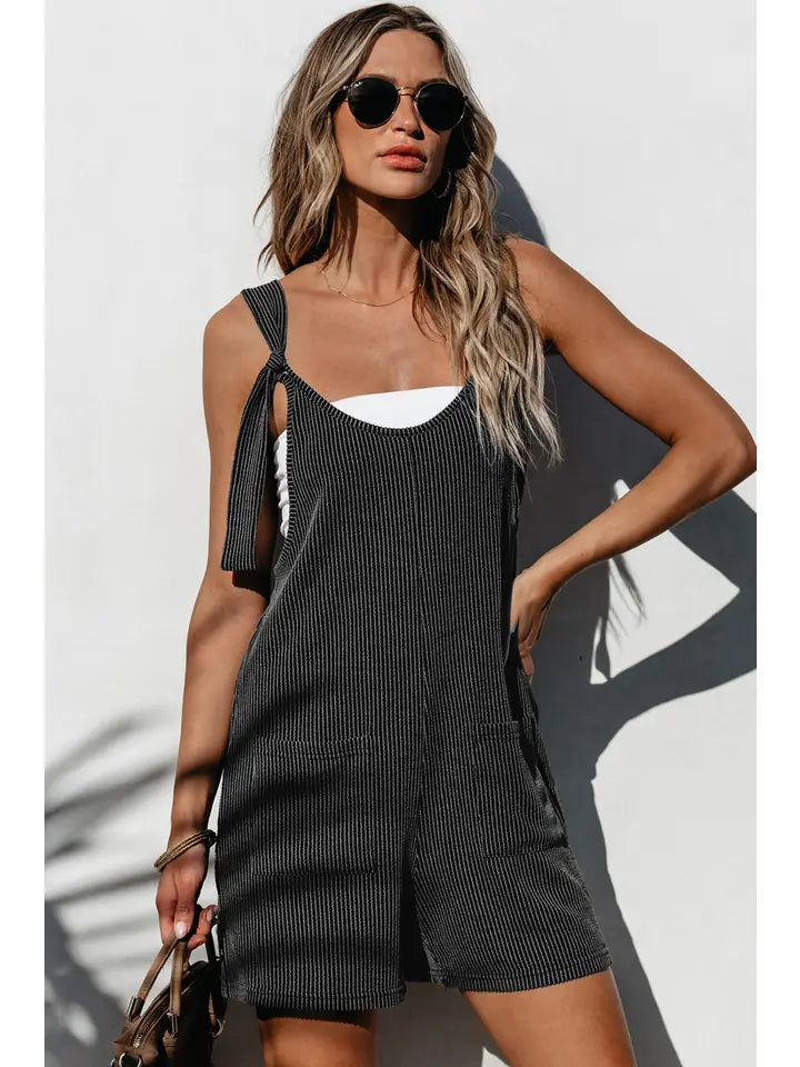 Striped Print Knotted Straps Pocketed Romper