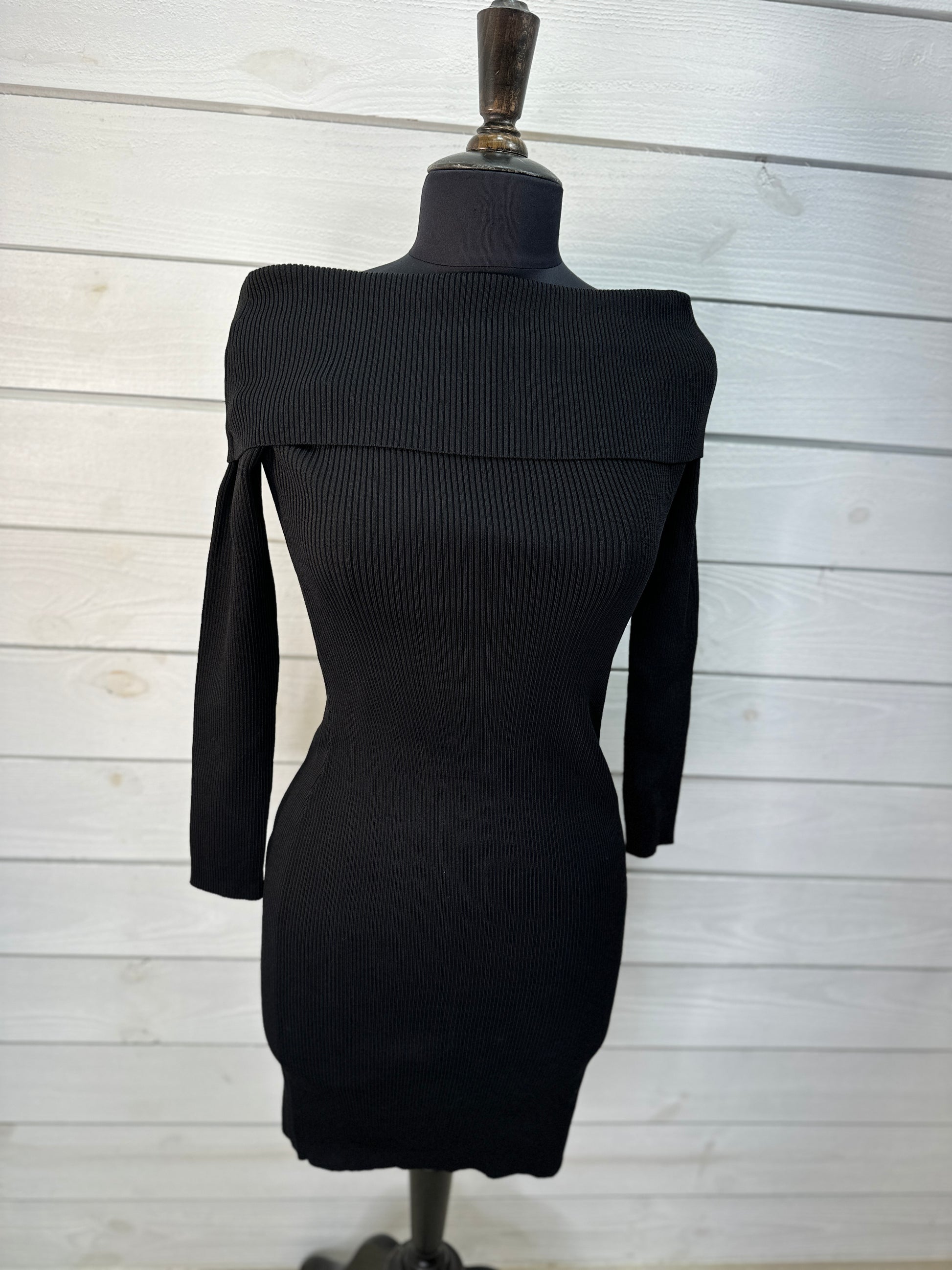 Black Off The Shoulder Ribbed Sweater Dress