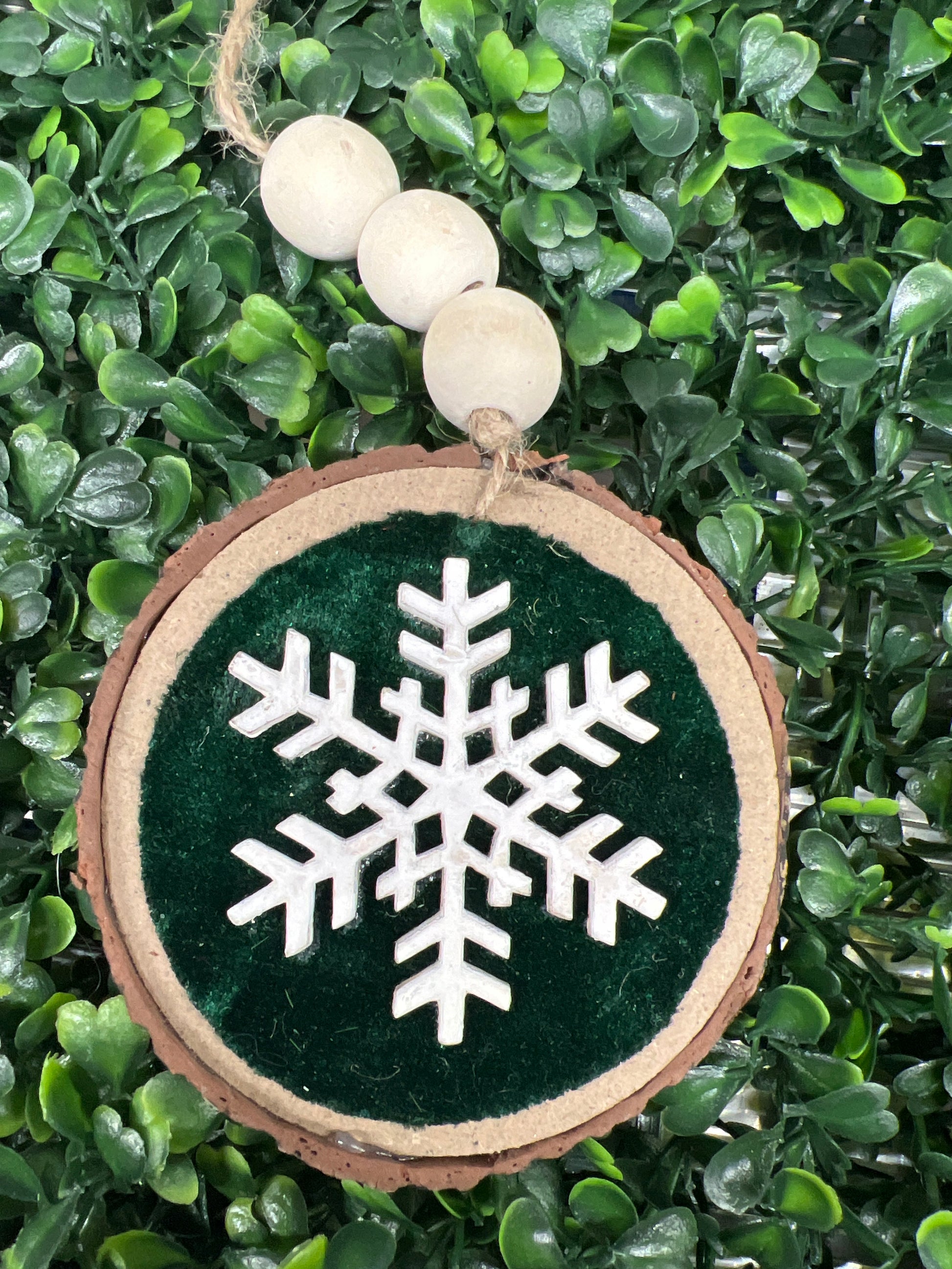 Faux Wood Disk With Velvet and Snowflake Accent