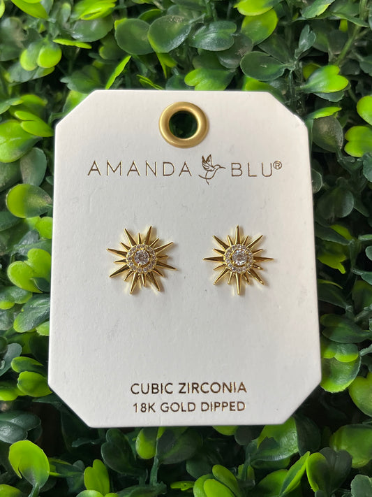 Gold Halo Cubic Zirconia Sunburst Stud Earrings