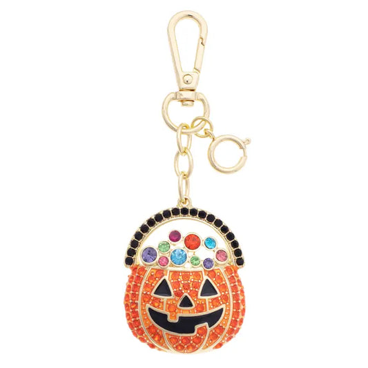 Canvas Bejeweled Jack-O'-Lantern Bag Charm in Orange & Black