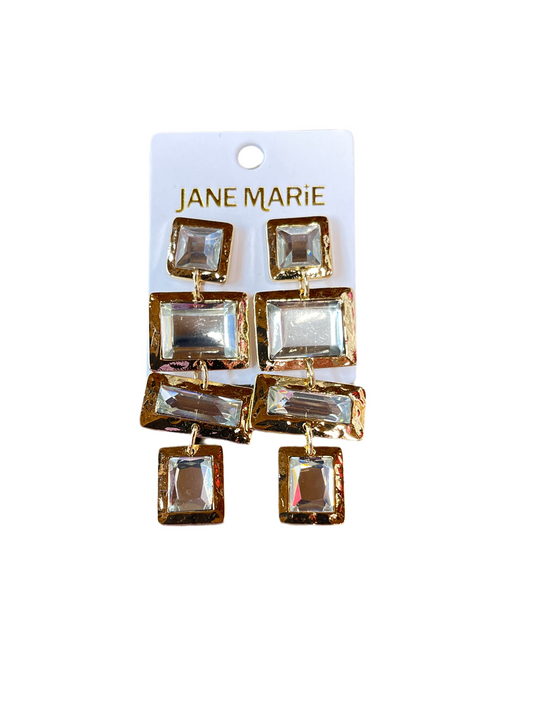 Gold Earring With Clear Crystal Squares & Rectangles