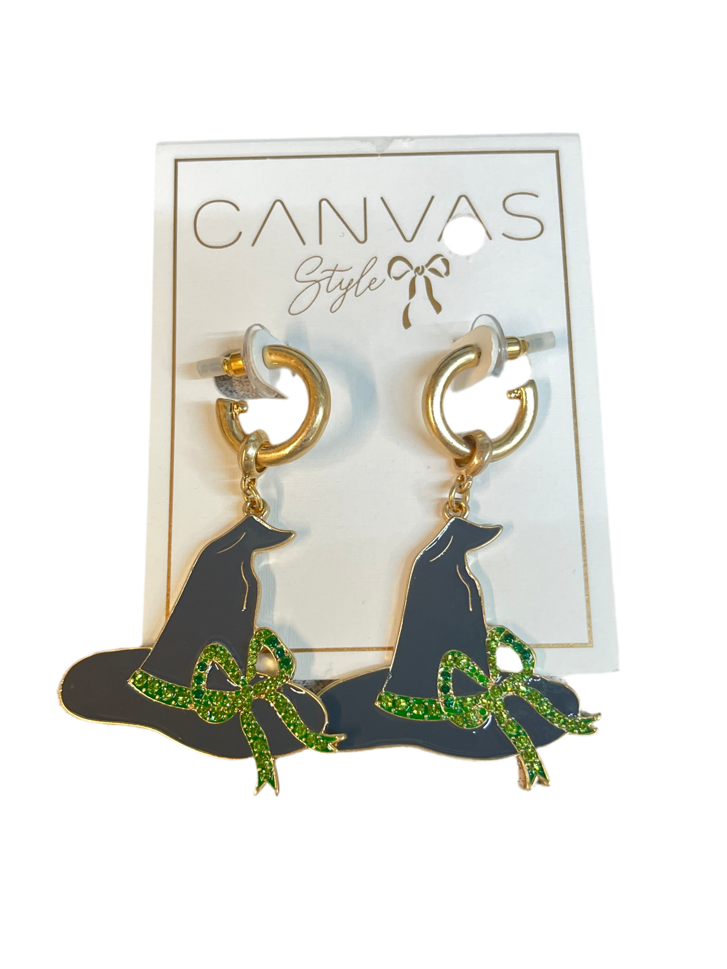 Canvas Style Witch Hat Earrings in Black and Green