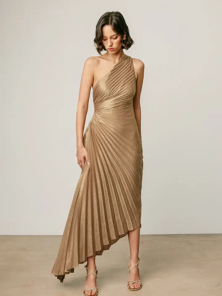 Metallic Foil One Shoulder Asymmetrical Pleated Dress