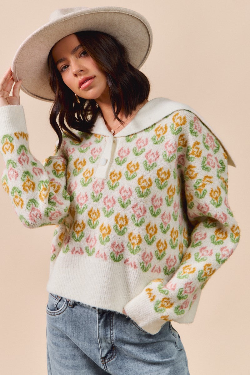 Floral Pattern Buttoned Placket Collar Sweater Top