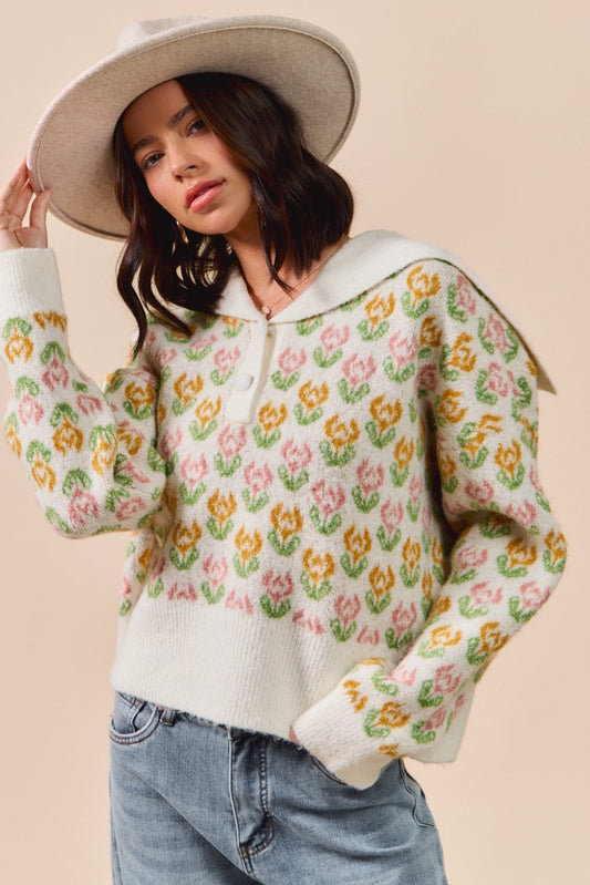 Floral Pattern Buttoned Placket Collar Sweater Top