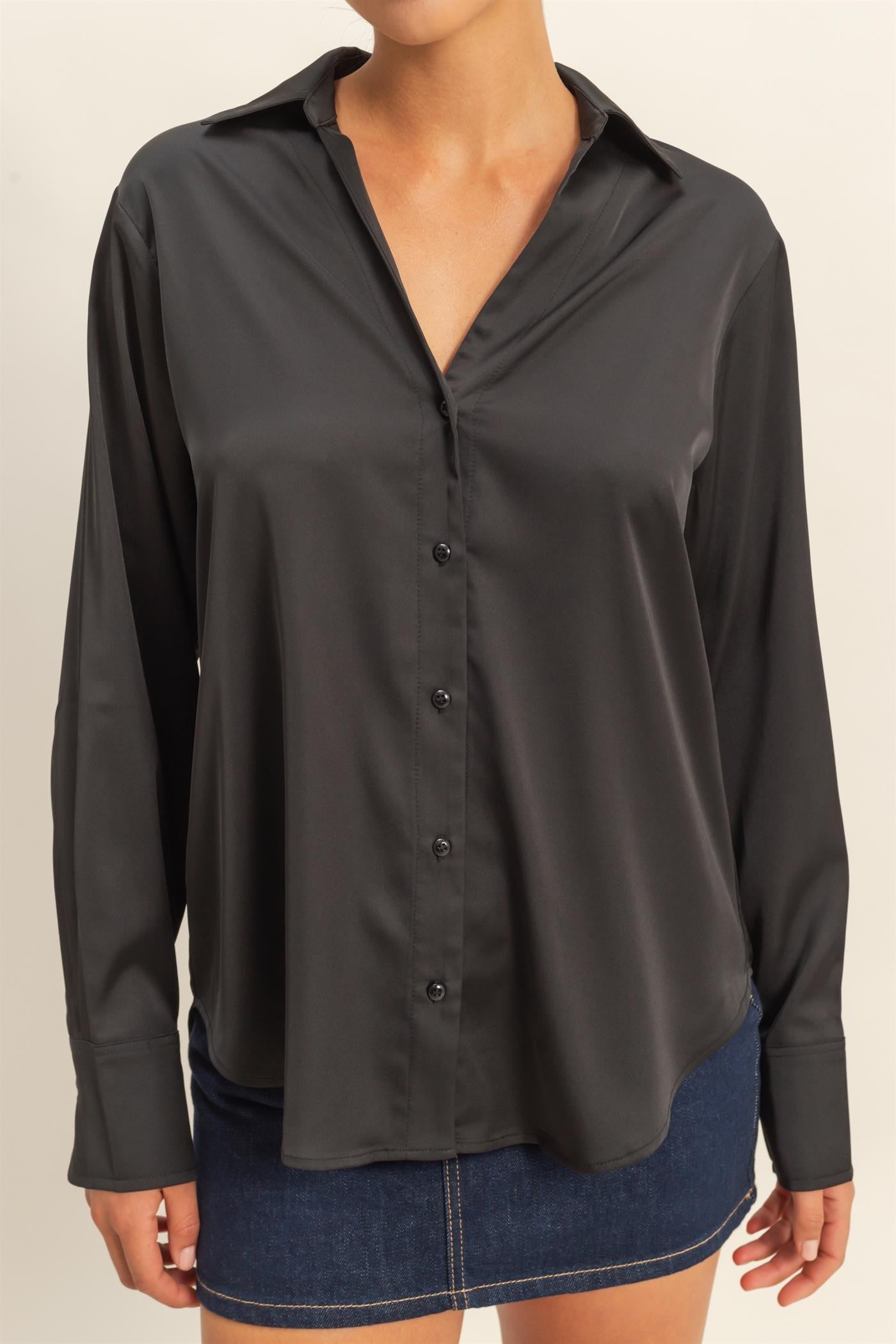 Button-up Satin Shirt With Collared Neckline