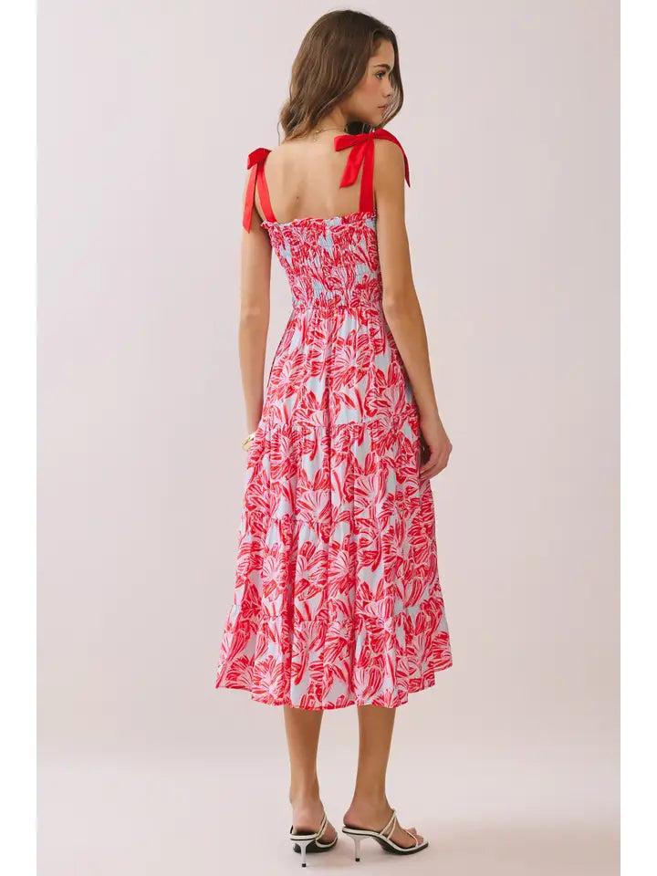 Red Floral Print Tiered Hem Midi Dress
