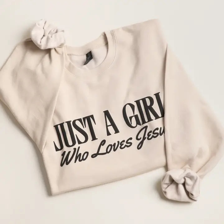 Just A Girl Who Loves Jesus Puff Sweatshirt- Sand