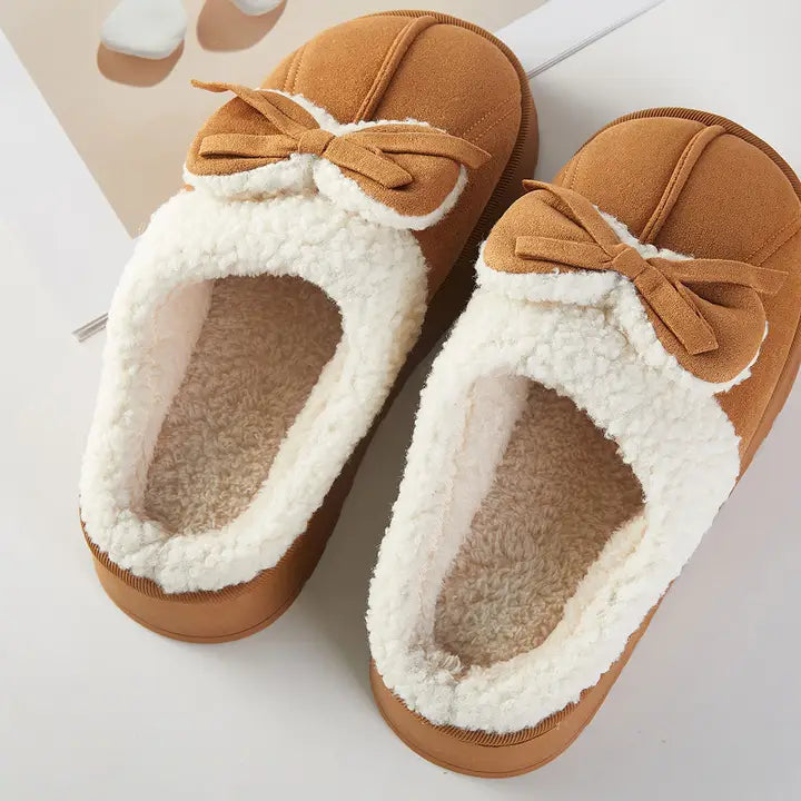 Cozy Faux Fur Lined Bow Indoor Slippers