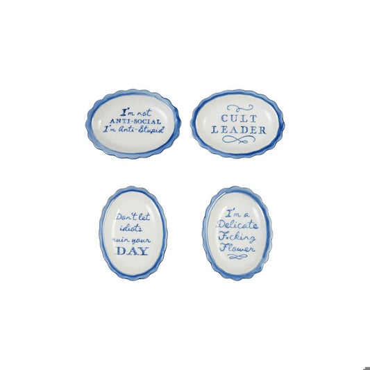 Hazel Mazel Blue & White Stoneware Scalloped Dish With Funny Saying