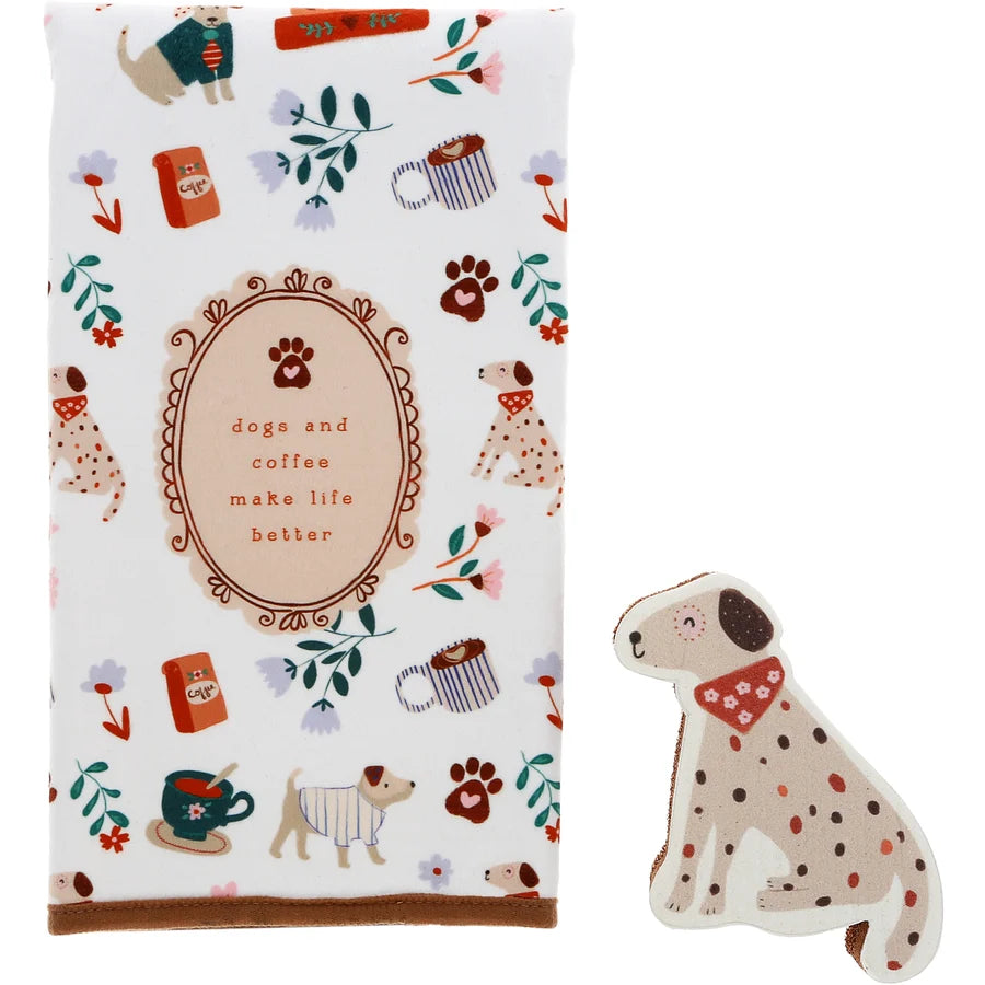 Dogs & Coffee Tea Towel & Sponge Gift Set