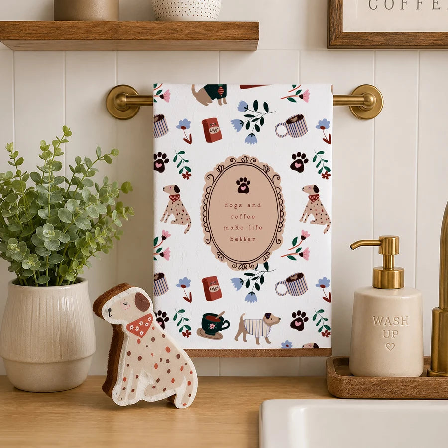 Dogs & Coffee Tea Towel & Sponge Gift Set