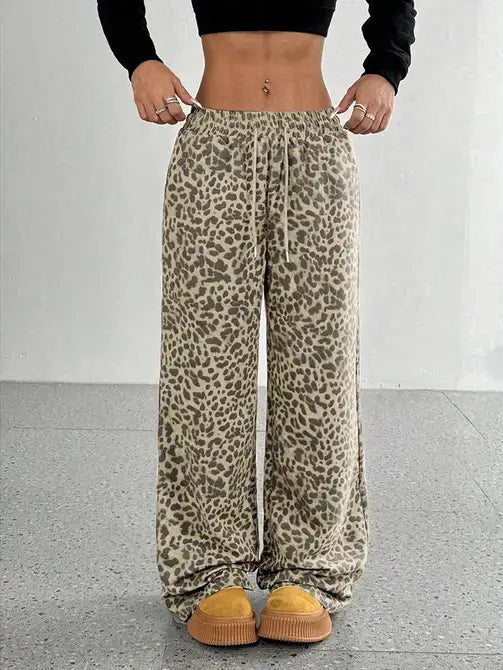 Leopard Print Wide Leg Casual Pants with Elastic Waist