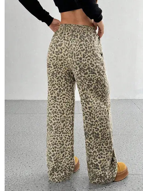 Leopard Print Wide Leg Casual Pants with Elastic Waist