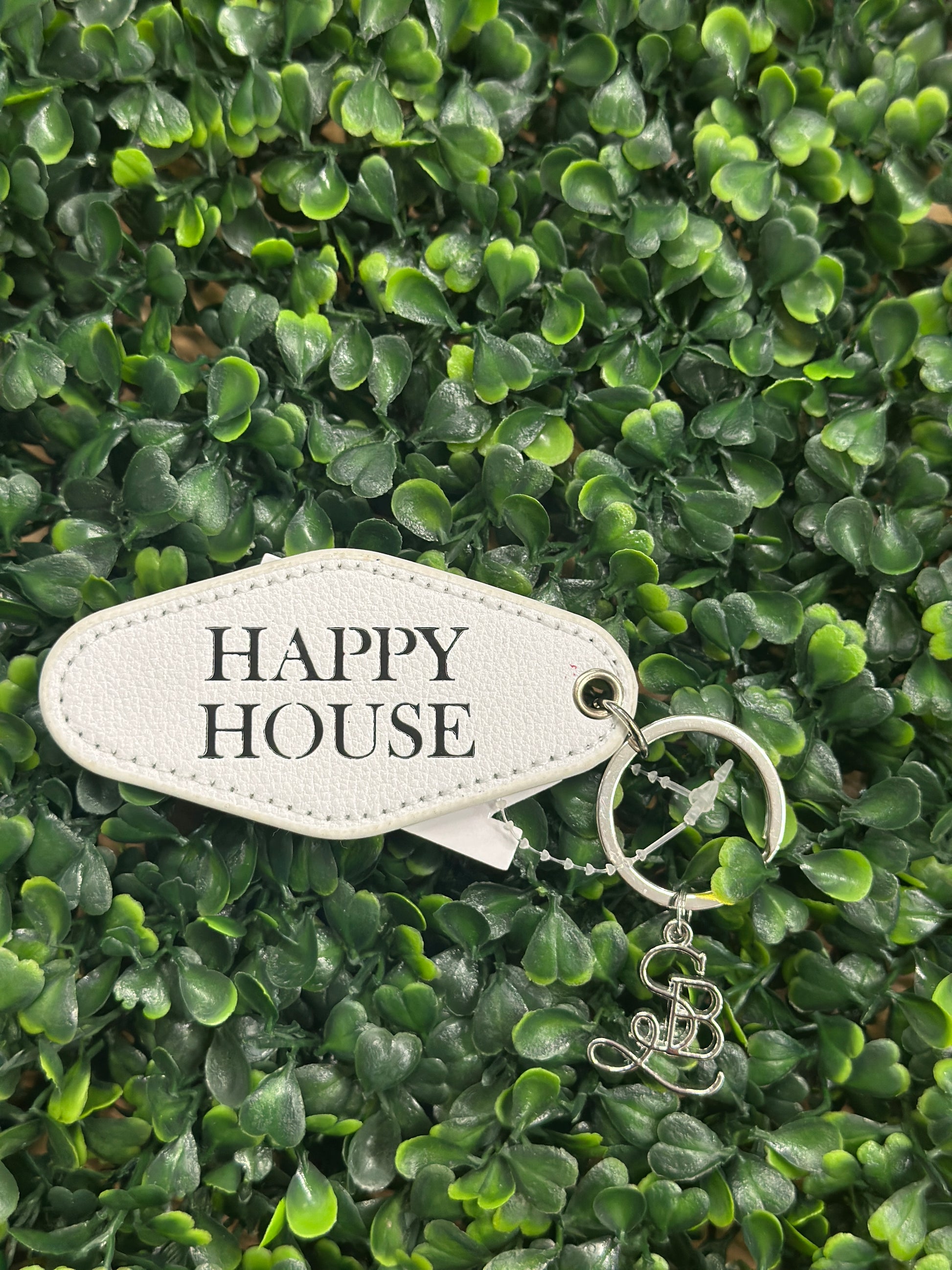 Happy House White Leather Keychain