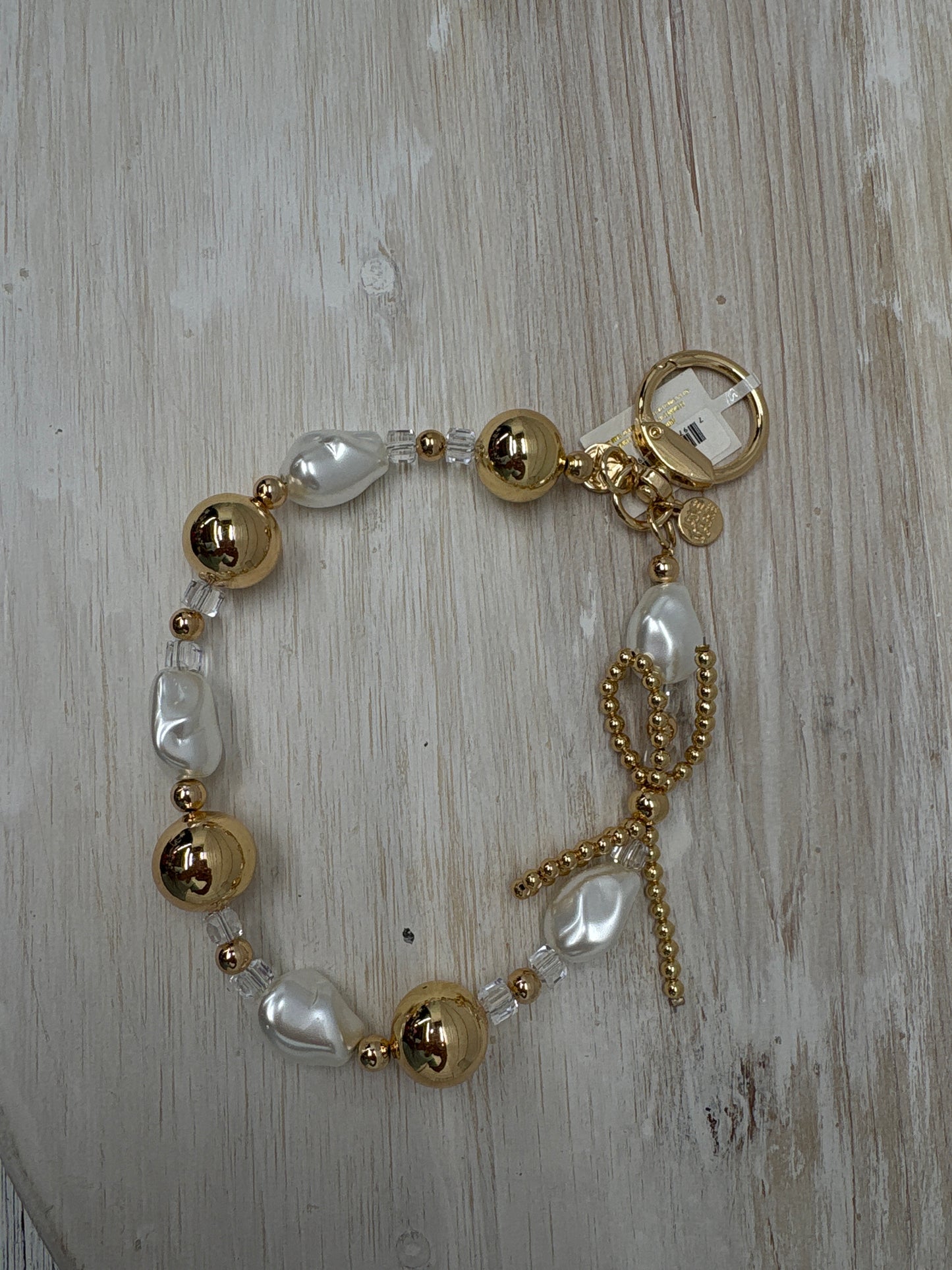 Jane Marie Gold, Pearl Beaded Loop Keychain With Gold Bow