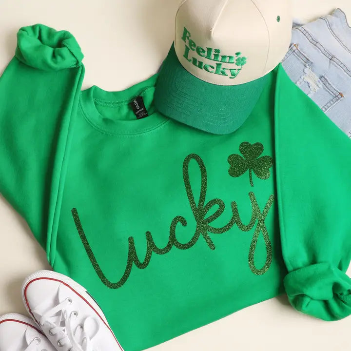 Irish Green Lucky Script Glitter Fleece Sweatshirt