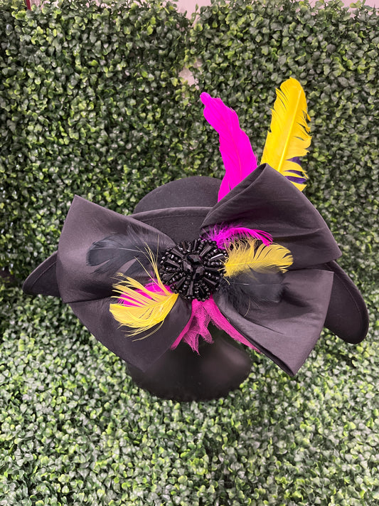 Black Derby Hat With Black Bow & Multi Colored Feathers
