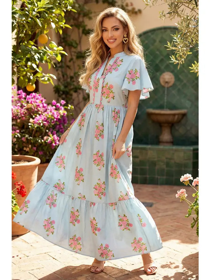 V Neck Flutter Short Sleeve Floral Maxi Dress