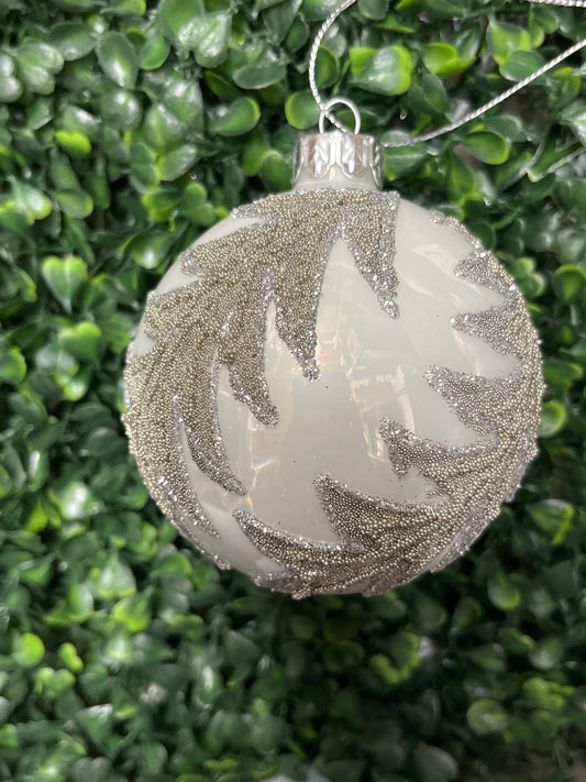 White Glass Ball Ornament With Gold And Silver Beading