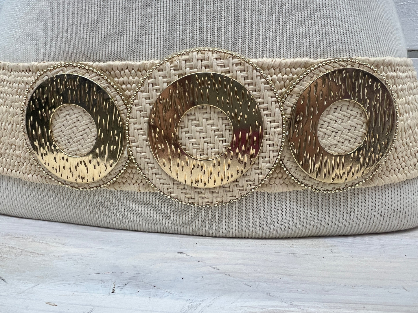 Woven Raffia Belt With Gold Accents