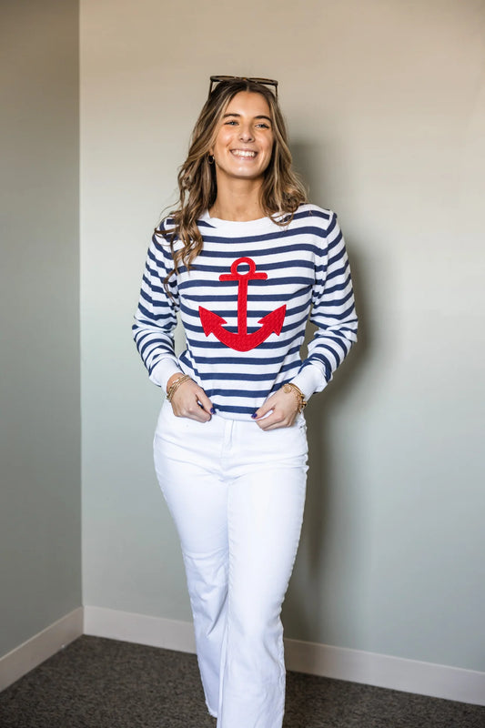 Navy Strip Sweater With Red Anchor