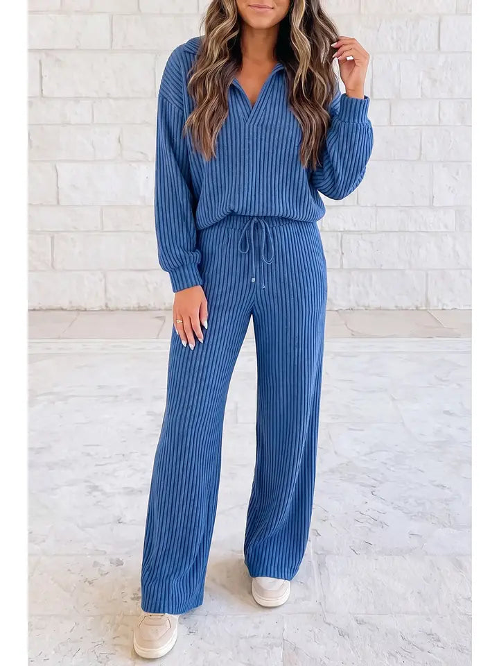 Knit Collar V Neck Pullover Drawstring Waist Pants 2pcs Set