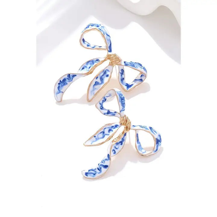 Paisley Blue and White Bow Earrings