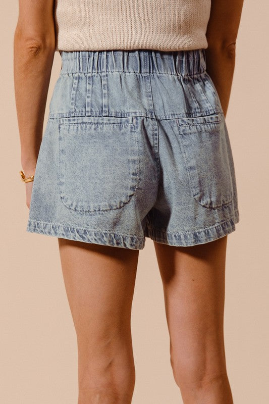 Flared Denim Button Fly Shorts With Elastic Drawstring Waist