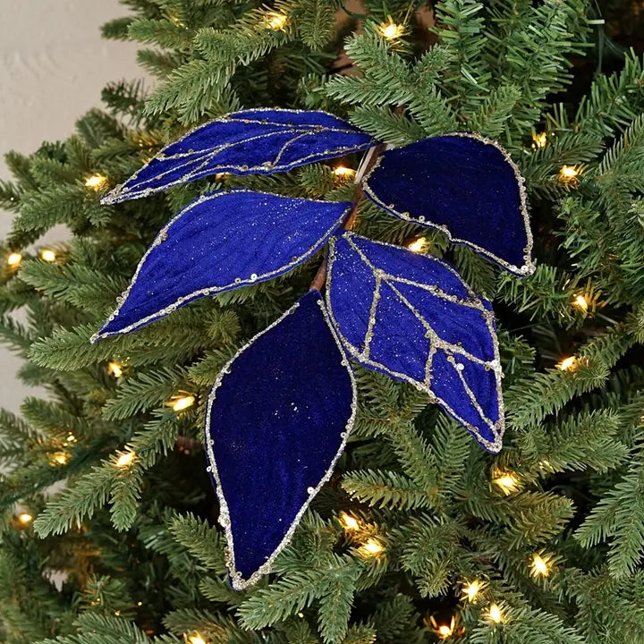 Royal Blue Elegant Velvet Magnolia Leaf Spray