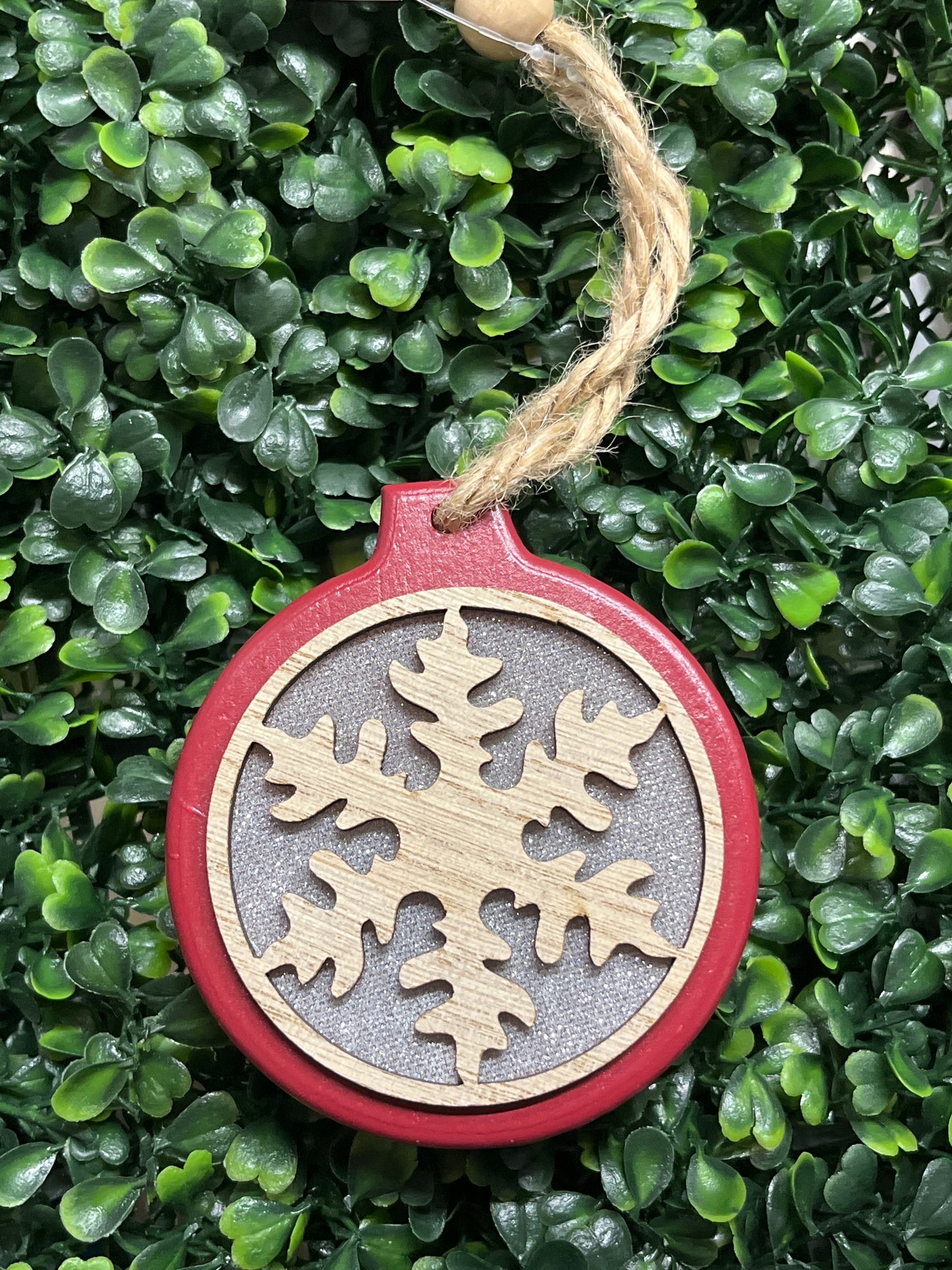 Round Red Light Up Ornament With Wood Inlay