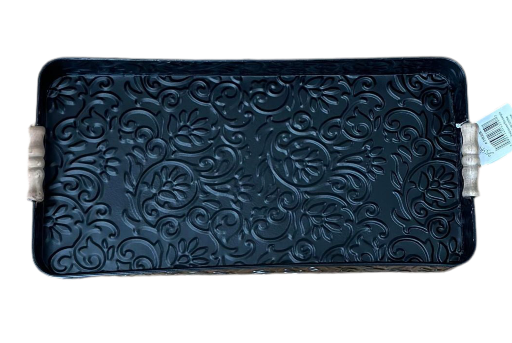 Rectangle Black Floral Embossed Tray With Wood Handles