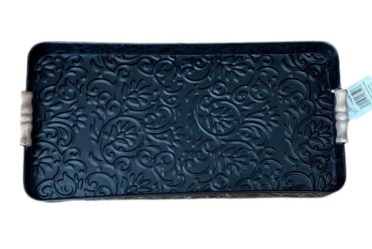 Rectangle Black Floral Embossed Tray With Wood Handles