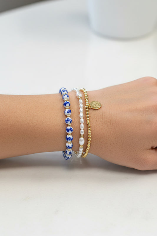 Jane Marie Blue Floral Pearl Gold Beaded Stretch Bracelet With Cross