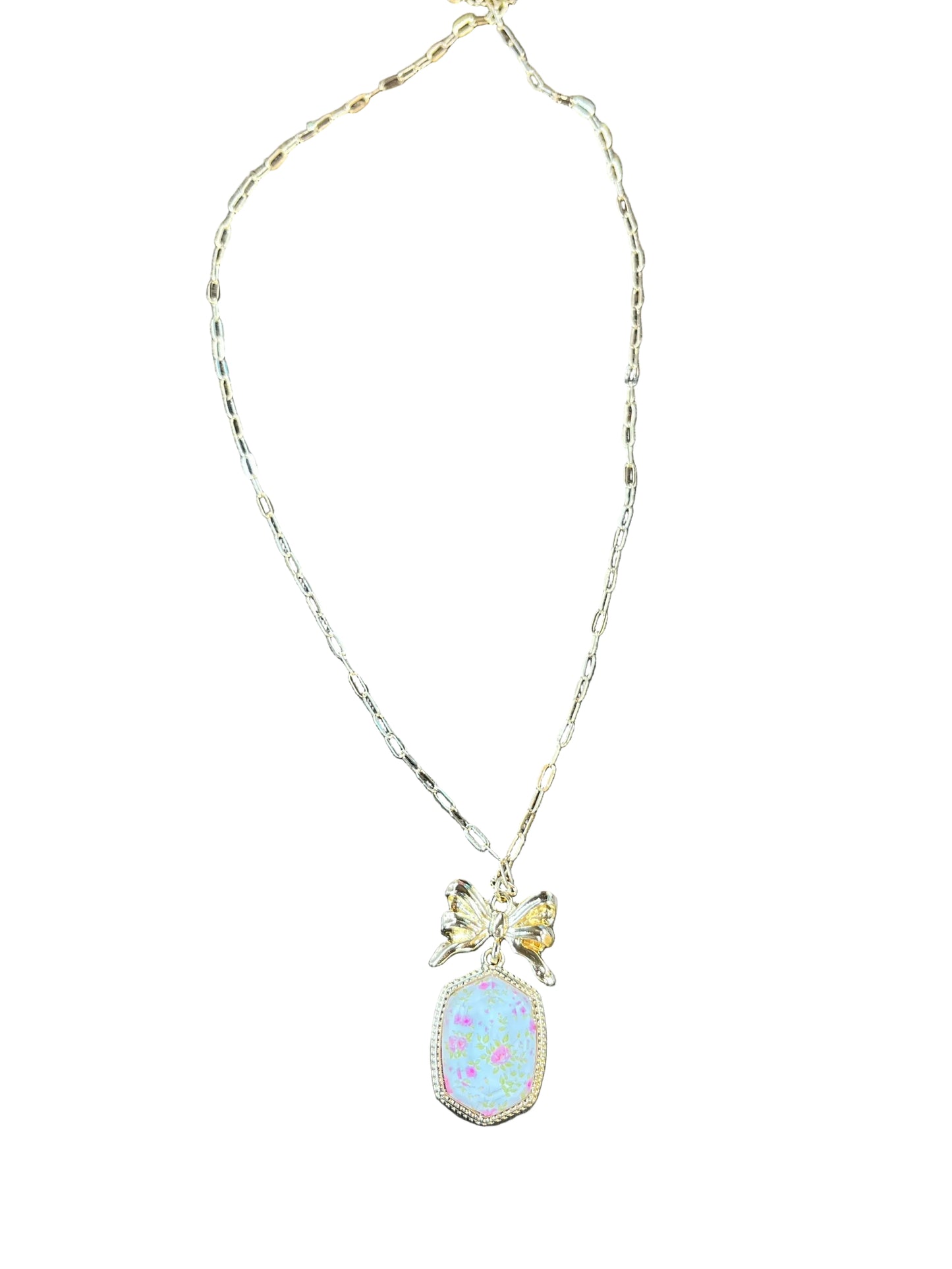 Gold Link Chain Necklace with Gold Bow with Pink Floral Elongated Hexagon