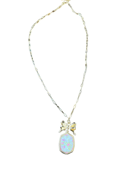 Gold Link Chain Necklace with Gold Bow with Pink Floral Elongated Hexagon