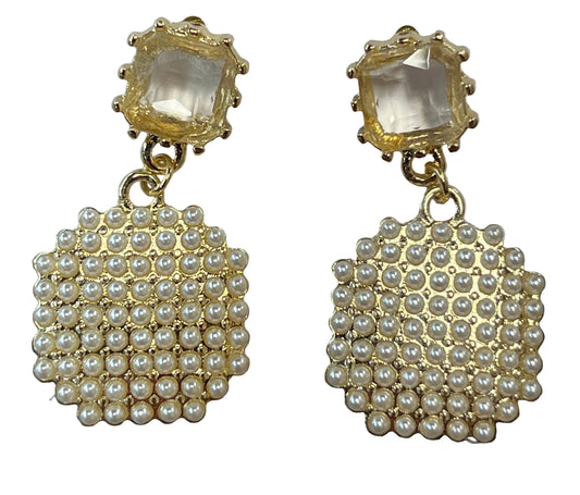 Clear Square Post Earrings With Pearl Studded Square