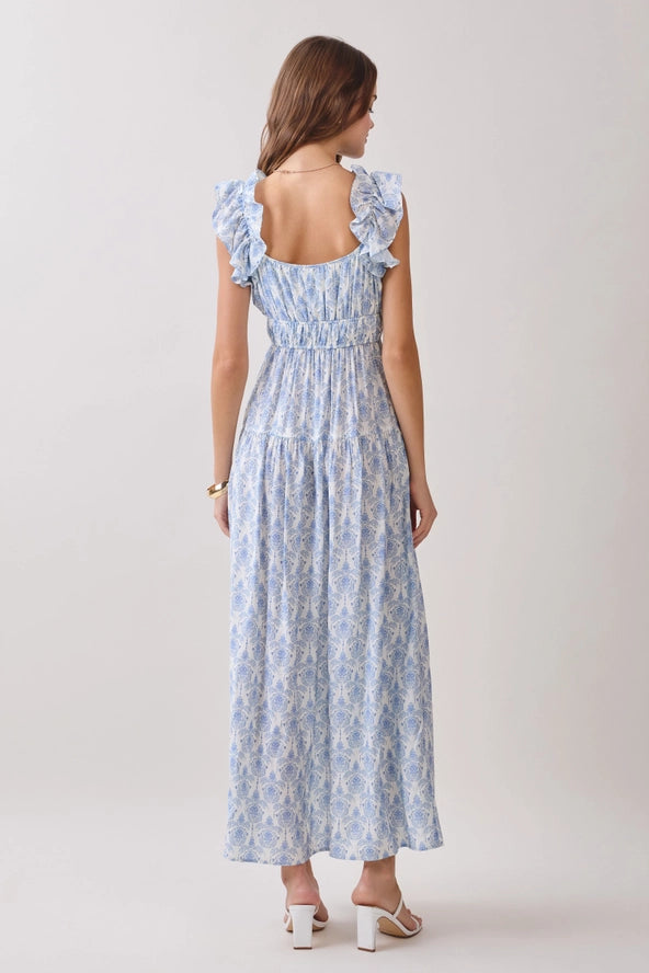 Print Ruffled Shoulder Straps Square Neck Dress