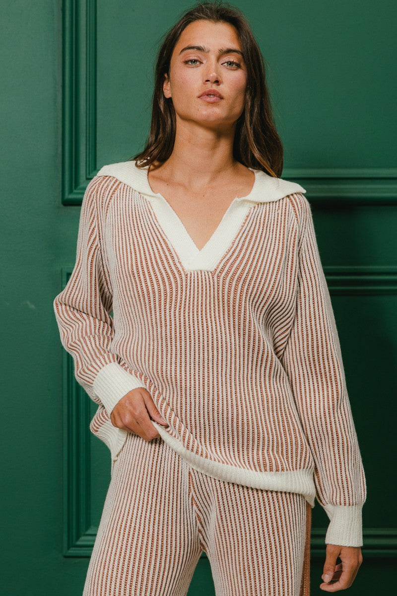 Two Tone Rib Texture Sweater And Pants Set- Ivory/Cinnamon