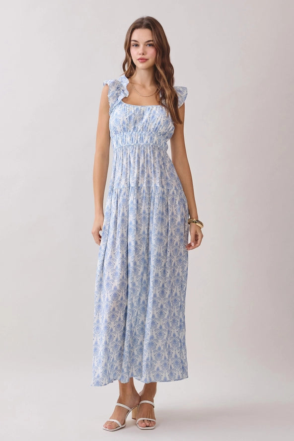 Print Ruffled Shoulder Straps Square Neck Dress